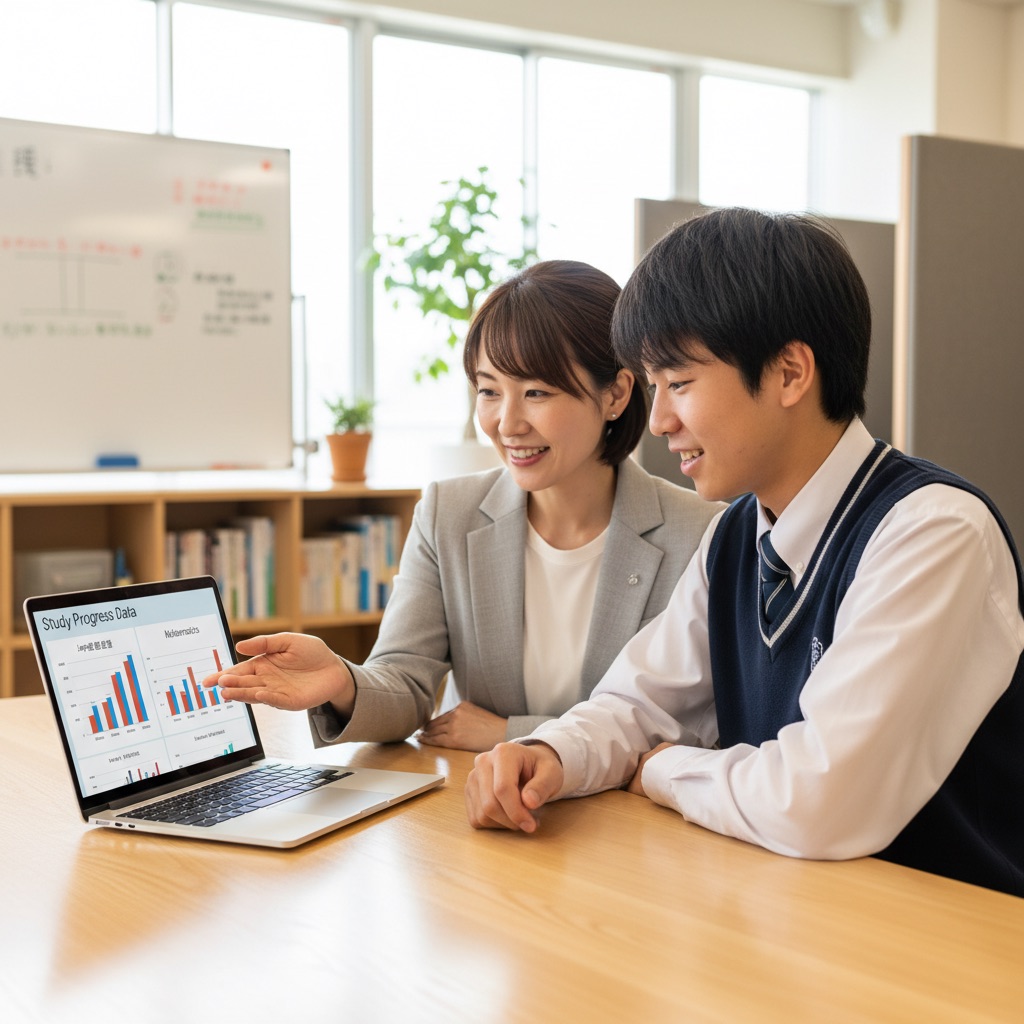 先生と生徒が学習データを一緒に確認するシーン