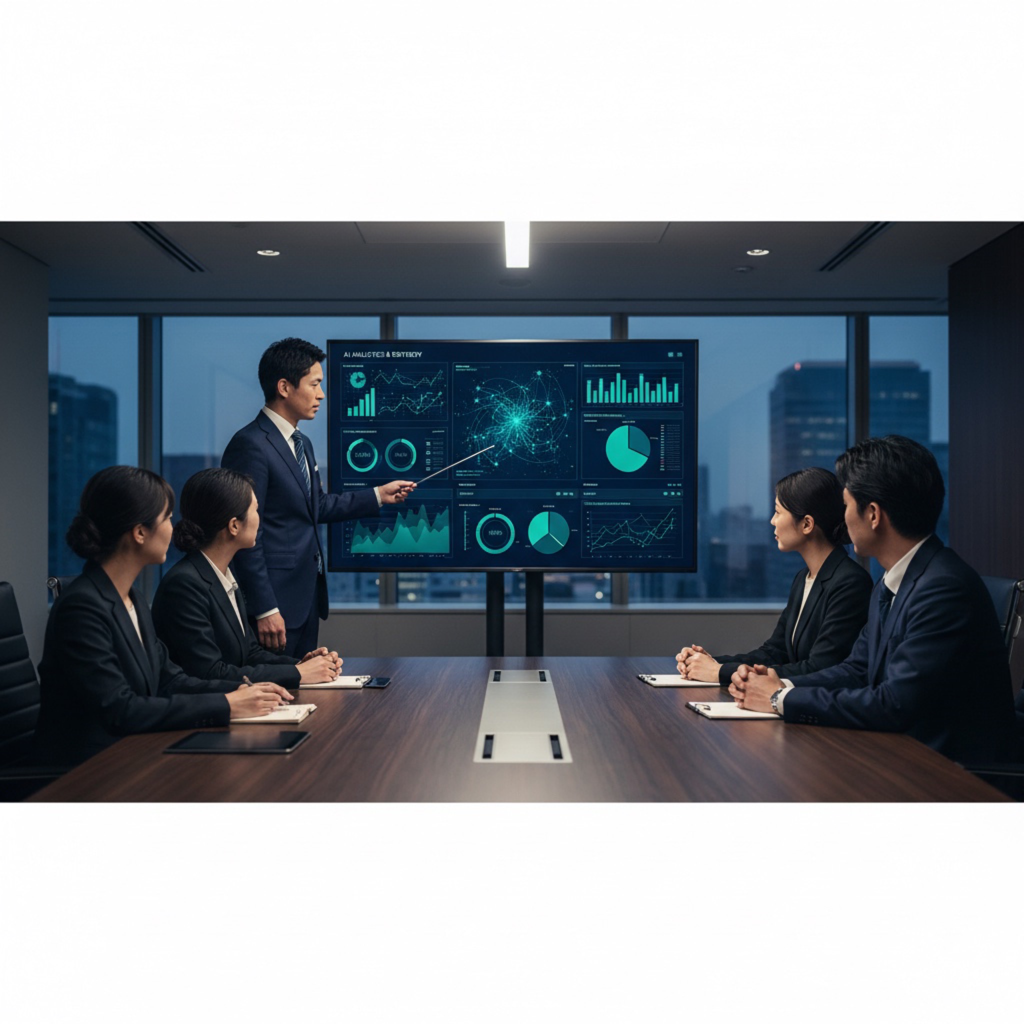 AIコンサルティング – 大型モニターでAIダッシュボードを分析するビジネスパーソン