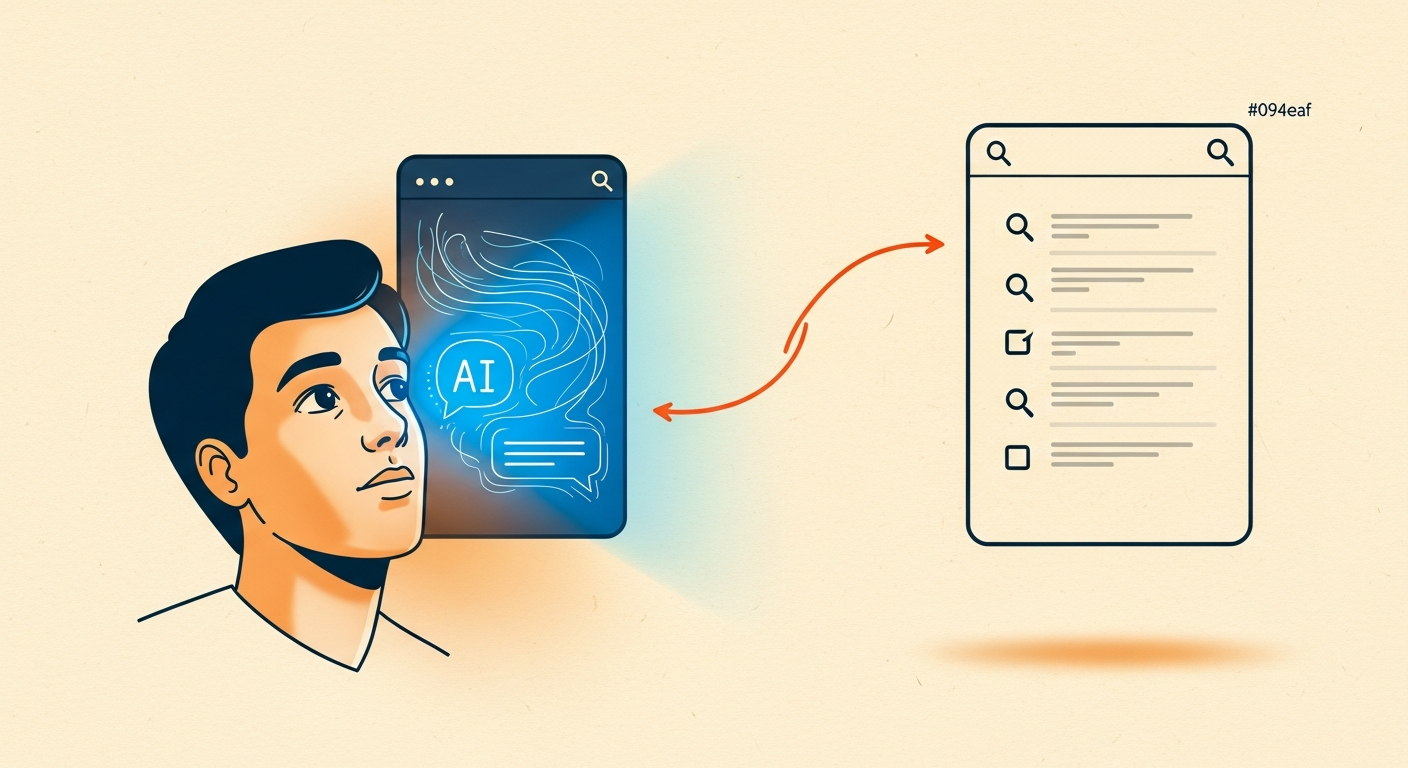 AIの答えを見て意思決定するユーザーと、検索結果リンクが見られない比較図